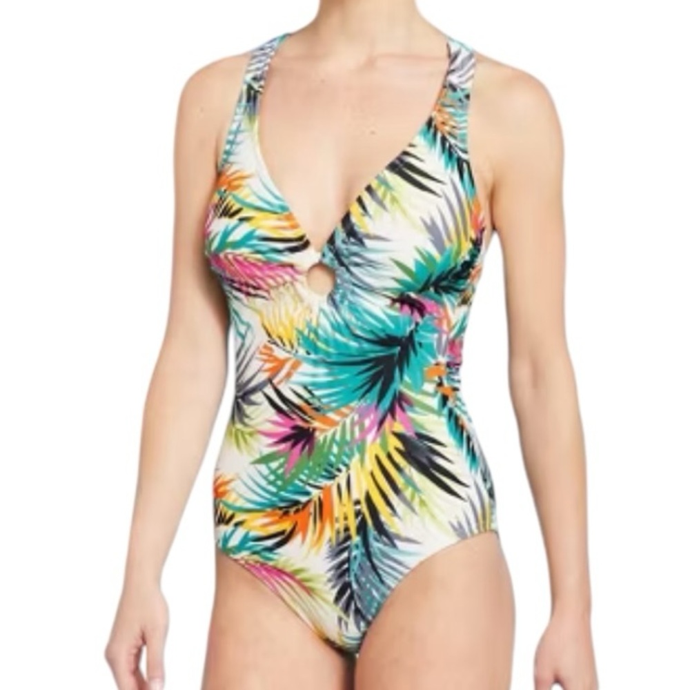 Shade & Shore One Piece Tropical Swimsuit NWT Size 12-14 Green Yellow
